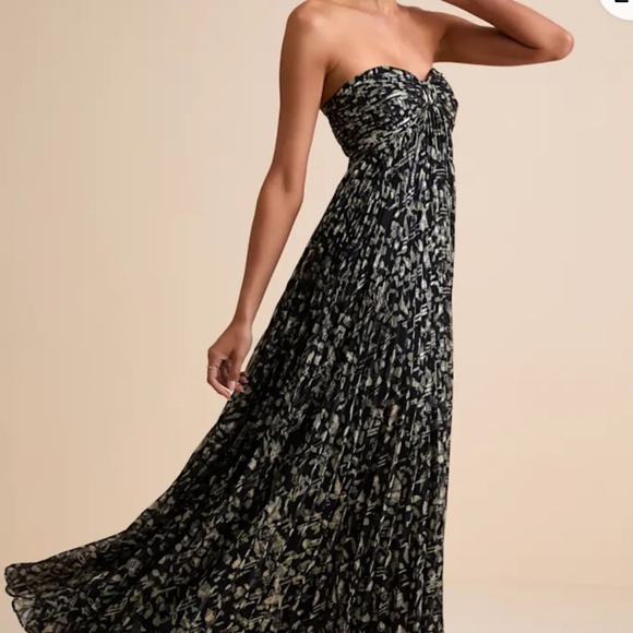 Lulus Lynwen Black Abstract Pleated Strapless Maxi Dress - Size S - Picture 2 of 2